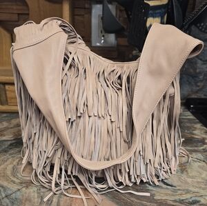 Fringe Leather Shoulder Bag - Tan/blush Pink